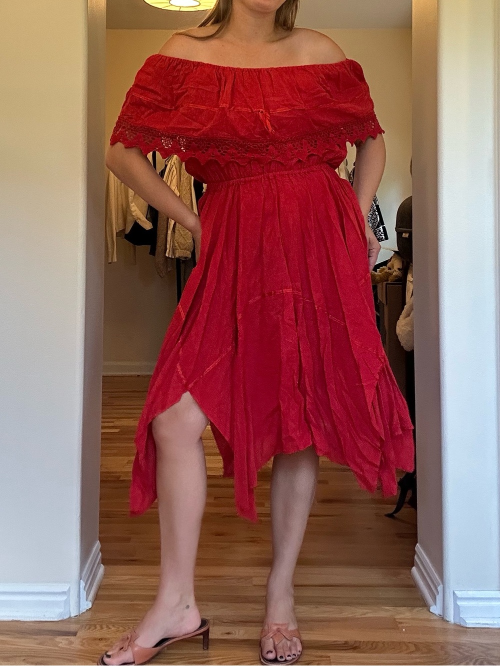 Off-Shoulder Red Midi Dress with Ruffled Bodice